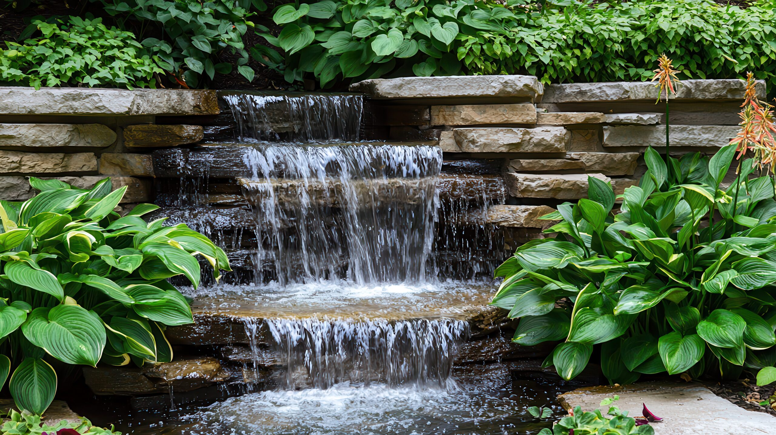 Serene Waterfall in a Lush Garden Setting — Holly Days Nursery Pond & Aquatics